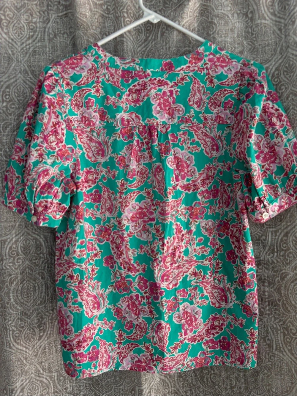 J. Crew Teal Short-Sleeve Blouse with Pink Floral Paisley Print